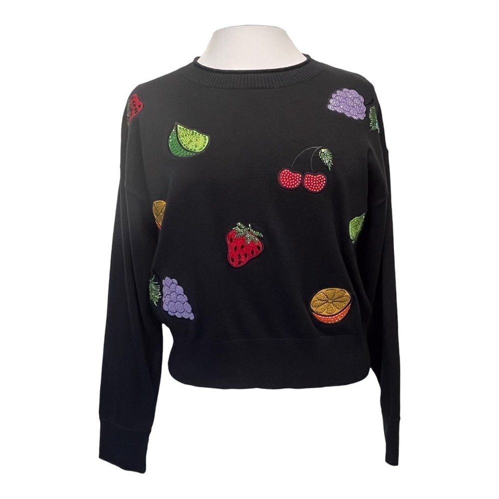 WildFox Fruity Fader Sweater Sequins Black Fruit Print Size SMALL